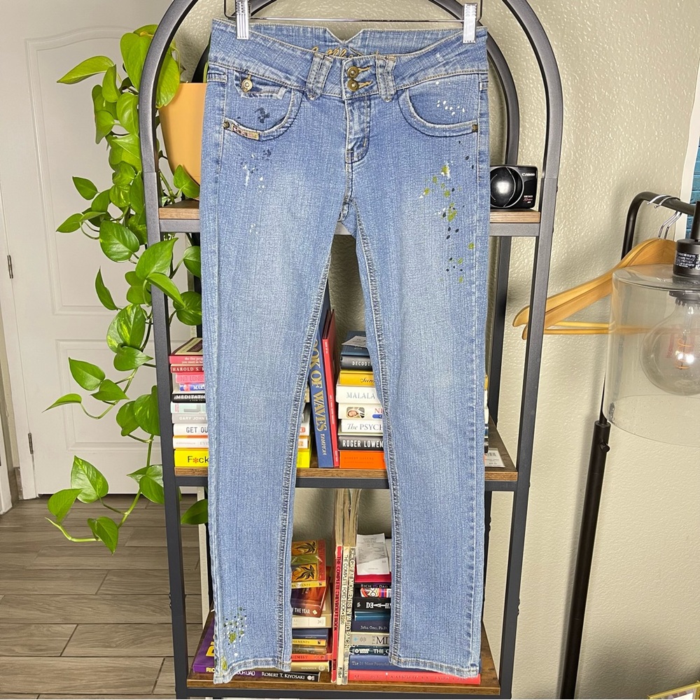 Y2K Vintage Bubblegum USA Rave Cyberpaint Detailed Low Rise Jeans Size 5/6